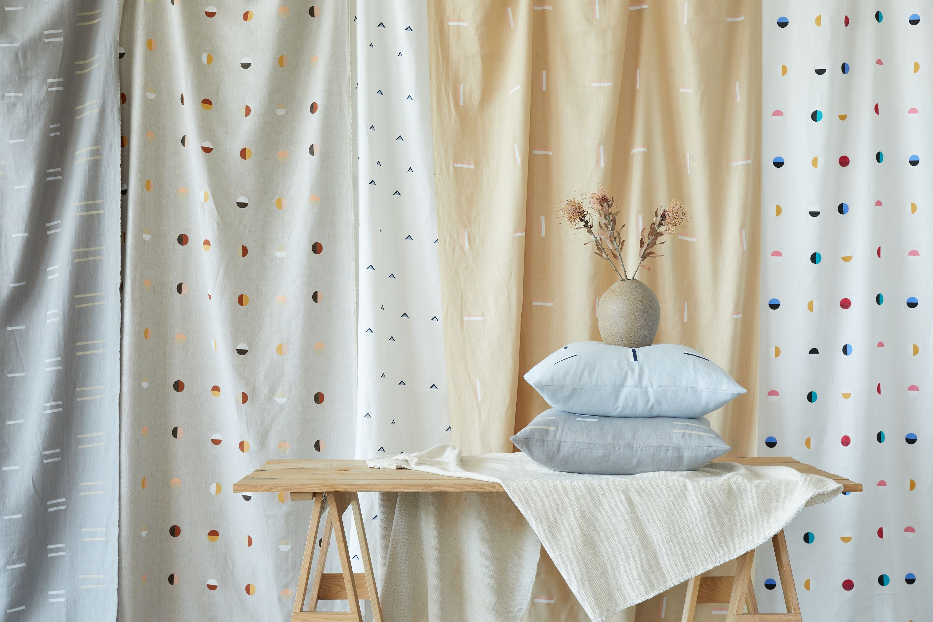 Natural Moons on White - Fabric By The Yard